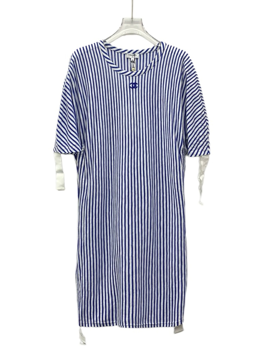 Chanel Blue Stripe Double C Embroidered Cotton Crew-Neck Short-Sleeve Dress
